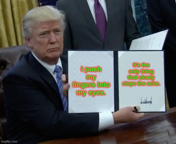 Trump Bill Signing | I push my fingers into my eyes. It's the only thing that slowly stops the ache. | image tagged in memes,trump bill signing | made w/ Imgflip meme maker