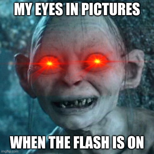 Gollum | MY EYES IN PICTURES; WHEN THE FLASH IS ON | image tagged in memes,gollum | made w/ Imgflip meme maker