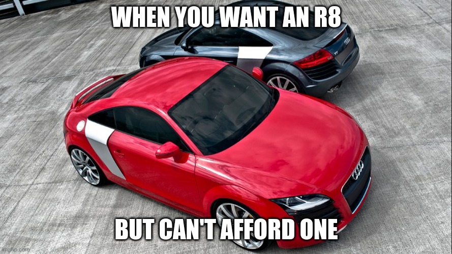 Audi TT R8 | WHEN YOU WANT AN R8; BUT CAN'T AFFORD ONE | image tagged in audi,cars,fake | made w/ Imgflip meme maker