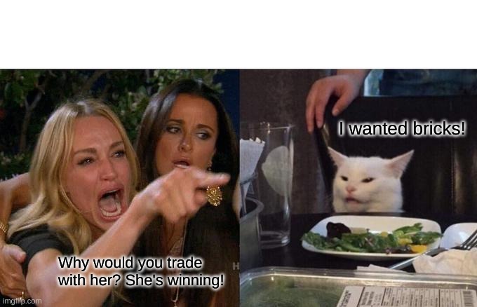 Woman Yelling At Cat | I wanted bricks! Why would you trade with her? She's winning! | image tagged in memes,woman yelling at cat | made w/ Imgflip meme maker