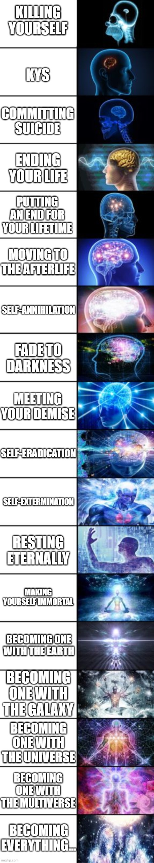 Expanding Brain longest version | KILLING YOURSELF; KYS; COMMITTING SUICIDE; ENDING YOUR LIFE; PUTTING AN END FOR YOUR LIFETIME; MOVING TO THE AFTERLIFE; SELF-ANNIHILATION; FADE TO DARKNESS; MEETING YOUR DEMISE; SELF-ERADICATION; SELF-EXTERMINATION; RESTING ETERNALLY; MAKING YOURSELF IMMORTAL; BECOMING ONE WITH THE EARTH; BECOMING ONE WITH THE GALAXY; BECOMING ONE WITH THE UNIVERSE; BECOMING ONE WITH THE MULTIVERSE; BECOMING EVERYTHING... | image tagged in expanding brain longest version | made w/ Imgflip meme maker