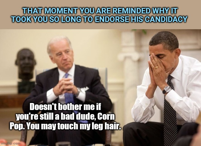 Joe, I'm not Corn Pop | THAT MOMENT YOU ARE REMINDED WHY IT TOOK YOU SO LONG TO ENDORSE HIS CANDIDACY; Doesn't bother me if you're still a bad dude, Corn Pop. You may touch my leg hair. | image tagged in biden obama,election 2020,joe biden,dementia,political humor,corn pop was a bad dude | made w/ Imgflip meme maker