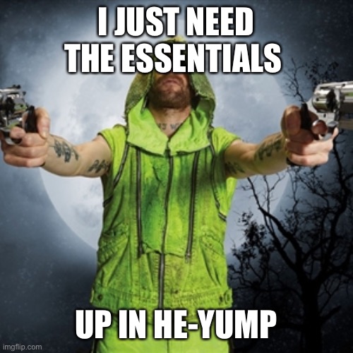 Neon Joe | I JUST NEED THE ESSENTIALS; UP IN HE-YUMP | image tagged in neon joe | made w/ Imgflip meme maker