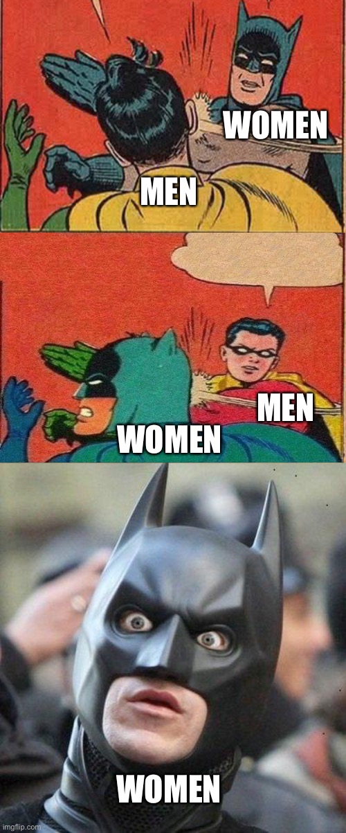 Yes!!! | MEN; WOMEN; WOMEN; MEN; WOMEN | image tagged in memes,batman slapping robin,shocked batman,funny,robin slapping batman,equal rights | made w/ Imgflip meme maker