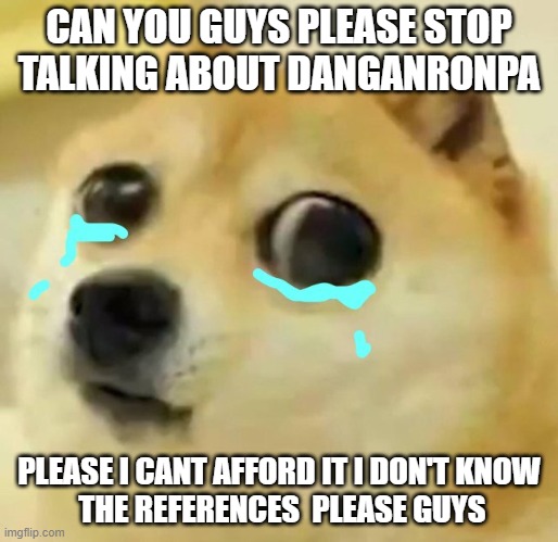 Danganronpa | CAN YOU GUYS PLEASE STOP TALKING ABOUT DANGANRONPA; PLEASE I CANT AFFORD IT I DON'T KNOW
 THE REFERENCES  PLEASE GUYS | image tagged in big eyes crying doge,danganronpa,references,sad | made w/ Imgflip meme maker