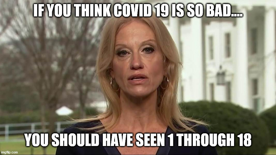 Kellyanne Conway alternative facts | IF YOU THINK COVID 19 IS SO BAD.... YOU SHOULD HAVE SEEN 1 THROUGH 18 | image tagged in kellyanne conway alternative facts | made w/ Imgflip meme maker
