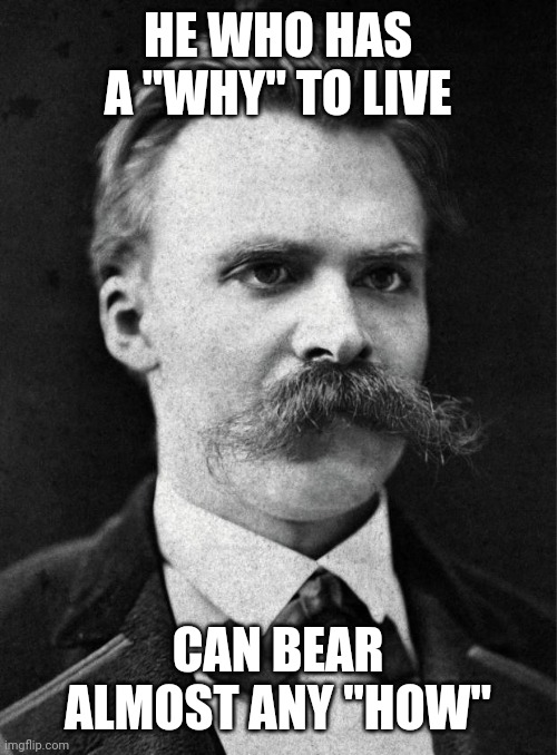 Words to live by, if you're struggling with "unwanted" thoughts | HE WHO HAS A "WHY" TO LIVE; CAN BEAR ALMOST ANY "HOW" | image tagged in nietzsche,words to live by,stay,you matter,i love you,everyone loves you | made w/ Imgflip meme maker