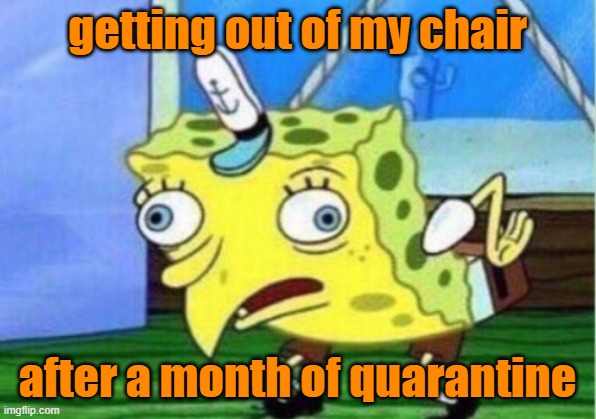 Mocking Spongebob Meme | getting out of my chair; after a month of quarantine | image tagged in memes,mocking spongebob | made w/ Imgflip meme maker
