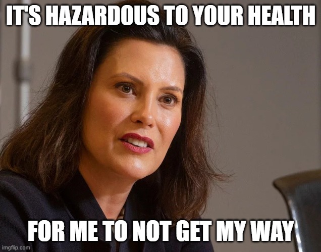 Gretchen Whitmer, governor of Michigan | IT'S HAZARDOUS TO YOUR HEALTH FOR ME TO NOT GET MY WAY | image tagged in gretchen whitmer governor of michigan | made w/ Imgflip meme maker