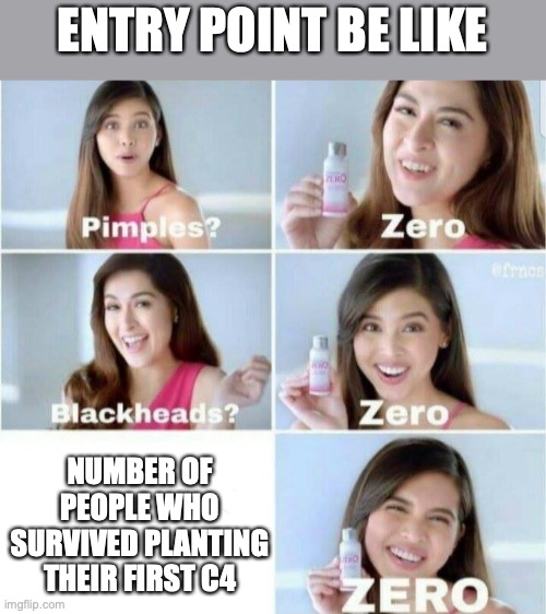 Pimples, Zero! | ENTRY POINT BE LIKE; NUMBER OF PEOPLE WHO SURVIVED PLANTING THEIR FIRST C4 | image tagged in pimples zero | made w/ Imgflip meme maker