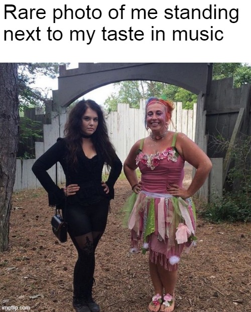 My music taste doesn't suit me | Rare photo of me standing next to my taste in music | image tagged in dank memes,memes,goth people,opposites,music,fairy | made w/ Imgflip meme maker