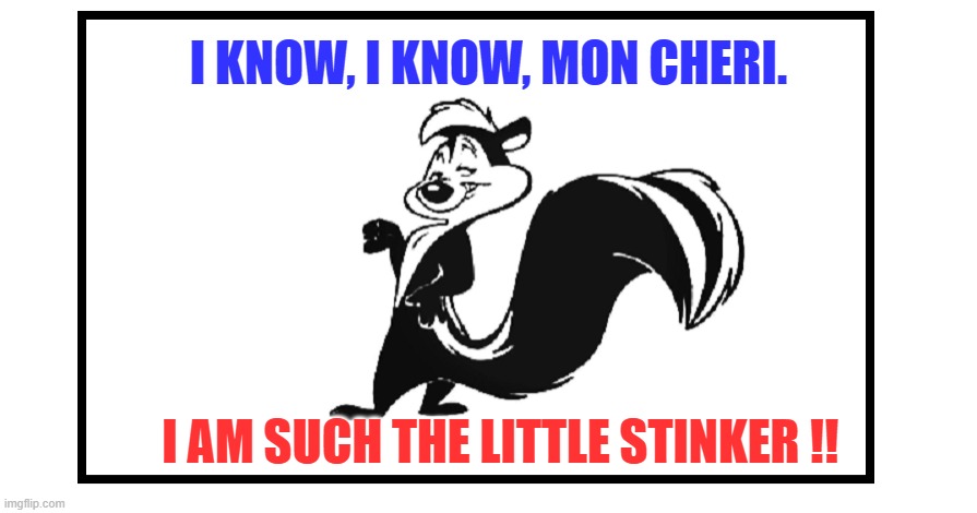 Peppi lePew | I KNOW, I KNOW, MON CHERI. I AM SUCH THE LITTLE STINKER !! | image tagged in humor,tv humor,fun | made w/ Imgflip meme maker