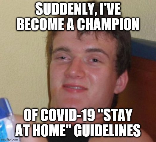 10 Guy Meme | SUDDENLY, I'VE BECOME A CHAMPION; OF COVID-19 "STAY AT HOME" GUIDELINES | image tagged in memes,10 guy | made w/ Imgflip meme maker