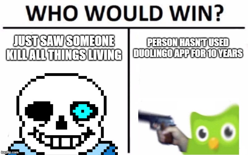 who would win? | JUST SAW SOMEONE KILL ALL THINGS LIVING; PERSON HASN'T USED DUOLINGO APP FOR 10 YEARS | image tagged in sans,duolingo,memes,funny,who would win | made w/ Imgflip meme maker