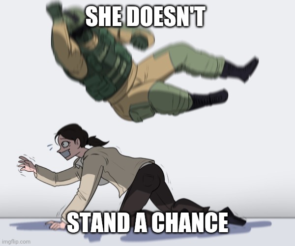 Soldier jumping on girl | SHE DOESN'T STAND A CHANCE | image tagged in soldier jumping on girl | made w/ Imgflip meme maker