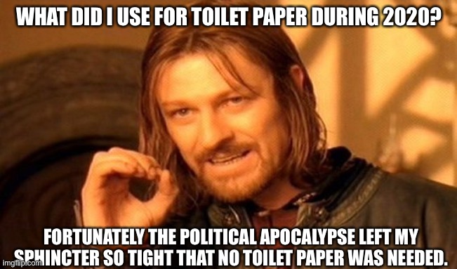 One Does Not Simply | WHAT DID I USE FOR TOILET PAPER DURING 2020? FORTUNATELY THE POLITICAL APOCALYPSE LEFT MY SPHINCTER SO TIGHT THAT NO TOILET PAPER WAS NEEDED. | image tagged in memes,one does not simply | made w/ Imgflip meme maker