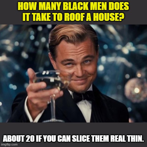 Leonardo Dicaprio Cheers Meme | HOW MANY BLACK MEN DOES IT TAKE TO ROOF A HOUSE? ABOUT 20 IF YOU CAN SLICE THEM REAL THIN. | image tagged in memes,leonardo dicaprio cheers | made w/ Imgflip meme maker