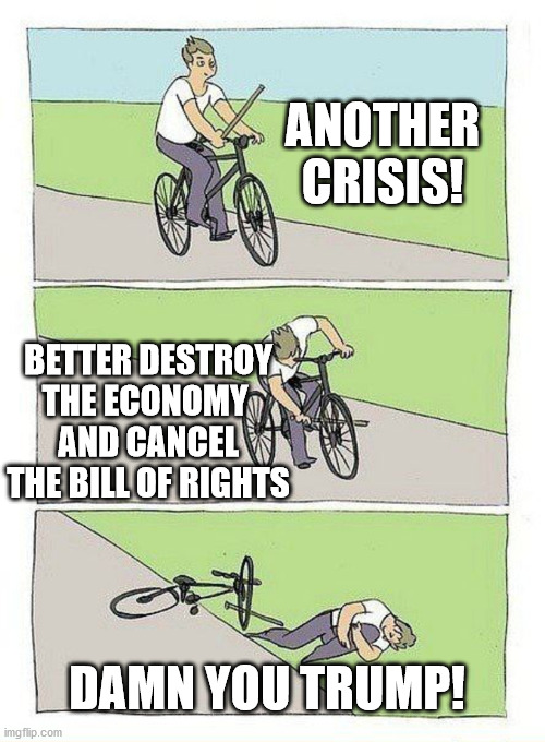 Bike Fall | ANOTHER CRISIS! BETTER DESTROY THE ECONOMY 
AND CANCEL THE BILL OF RIGHTS; DAMN YOU TRUMP! | image tagged in bike fall | made w/ Imgflip meme maker
