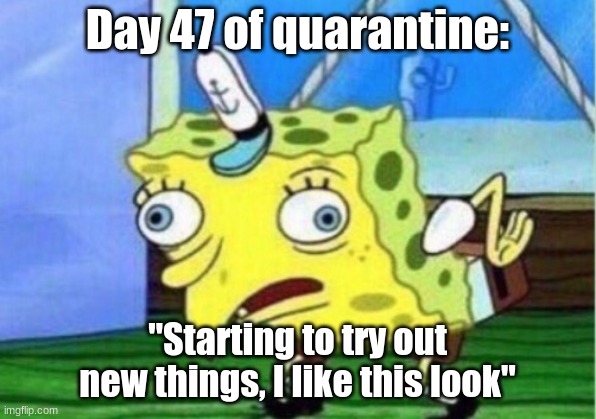 Mocking Spongebob | Day 47 of quarantine:; "Starting to try out new things, I like this look" | image tagged in memes,mocking spongebob | made w/ Imgflip meme maker