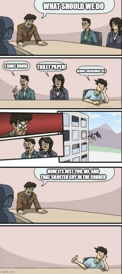 Boardroom Meeting Sugg 2 | WHAT SHOULD WE DO; I DONT KNOW; TOILET PAPER! REDUCE GATHERINGS TO 3; NOW ITS JUST YOU, ME, AND THAT SILOETED GUY IN THE CORNER | image tagged in boardroom meeting sugg 2 | made w/ Imgflip meme maker