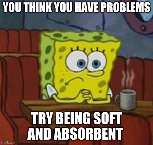 Lonely Spongebob | YOU THINK YOU HAVE PROBLEMS; TRY BEING SOFT AND ABSORBENT | image tagged in lonely spongebob | made w/ Imgflip meme maker