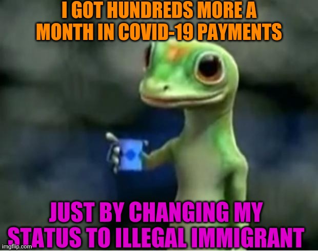 Meanwhile, in California | I GOT HUNDREDS MORE A MONTH IN COVID-19 PAYMENTS; JUST BY CHANGING MY STATUS TO ILLEGAL IMMIGRANT | image tagged in geico gecko,illegal immigration,covid-19,liberal logic,politics,stupid liberals | made w/ Imgflip meme maker