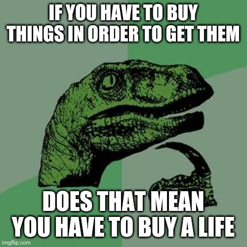Philosoraptor Meme | IF YOU HAVE TO BUY THINGS IN ORDER TO GET THEM; DOES THAT MEAN YOU HAVE TO BUY A LIFE | image tagged in memes,philosoraptor | made w/ Imgflip meme maker