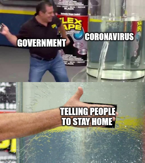 Flex Tape | GOVERNMENT; CORONAVIRUS; TELLING PEOPLE TO STAY HOME | image tagged in flex tape | made w/ Imgflip meme maker