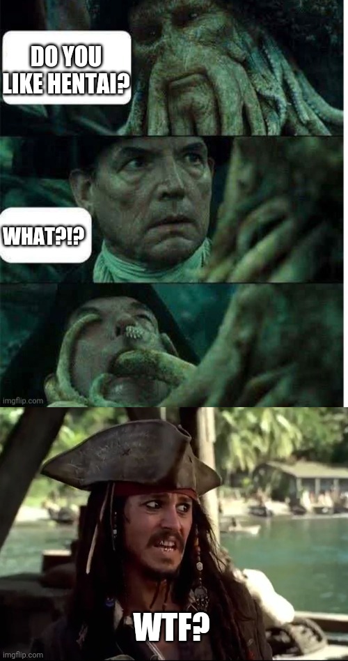 NOT ANYMORE | DO YOU LIKE HENTAI? WHAT?!? WTF? | image tagged in jack what,memes,pirate,pirates of the caribbean,hentai,wtf | made w/ Imgflip meme maker