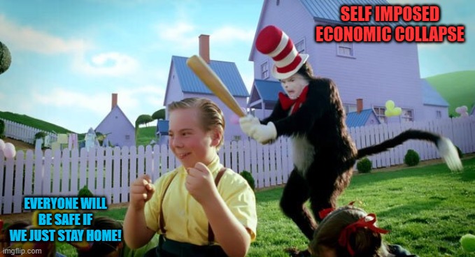 Cat & The Hat | SELF IMPOSED ECONOMIC COLLAPSE; EVERYONE WILL BE SAFE IF WE JUST STAY HOME! | image tagged in cat  the hat | made w/ Imgflip meme maker