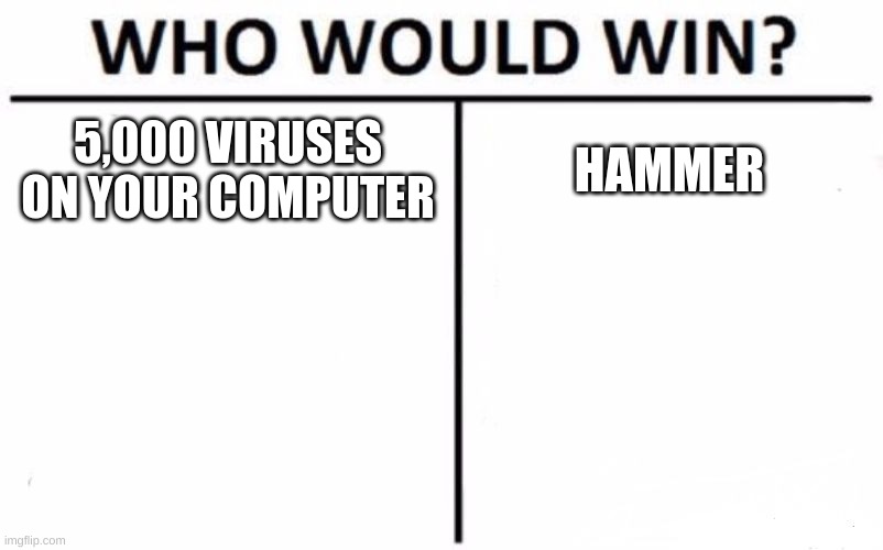 Who Would Win? | 5,000 VIRUSES ON YOUR COMPUTER; HAMMER | image tagged in memes,who would win | made w/ Imgflip meme maker