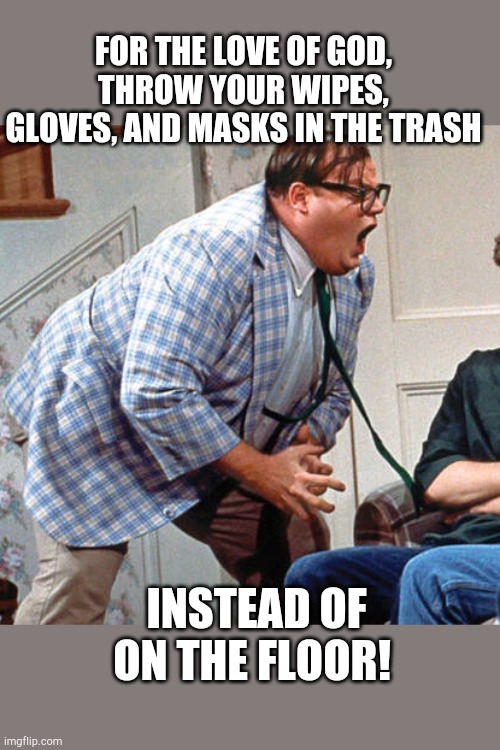 Chris Farley For the love of god | FOR THE LOVE OF GOD, THROW YOUR WIPES, GLOVES, AND MASKS IN THE TRASH; INSTEAD OF ON THE FLOOR! | image tagged in chris farley for the love of god | made w/ Imgflip meme maker