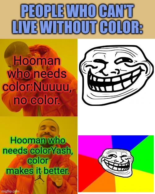 Drake Hotline Bling Meme | PEOPLE WHO CAN'T LIVE WITHOUT COLOR:; Hooman who needs color:Nuuuu, no color. Hooman who needs colorYash, color makes it better. | image tagged in memes,drake hotline bling | made w/ Imgflip meme maker