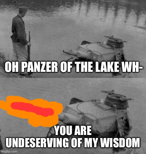 Panzer of the lake | OH PANZER OF THE LAKE WH-; YOU ARE UNDESERVING OF MY WISDOM | image tagged in panzer of the lake | made w/ Imgflip meme maker