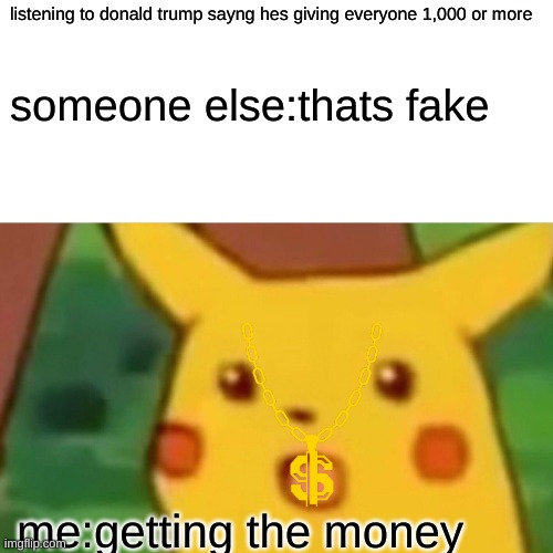 Surprised Pikachu | listening to donald trump sayng hes giving everyone 1,000 or more; someone else:thats fake; me:getting the money | image tagged in memes,surprised pikachu | made w/ Imgflip meme maker