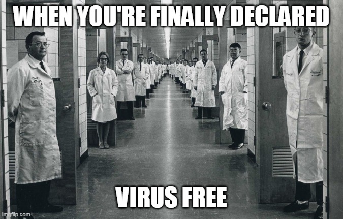 Corona free! | WHEN YOU'RE FINALLY DECLARED; VIRUS FREE | image tagged in coronavirus,corona virus,corona,funny,doctor,dank memes | made w/ Imgflip meme maker