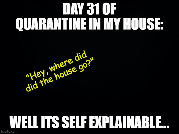 Black background | DAY 31 OF QUARANTINE IN MY HOUSE:; "Hey, where did did the house go?"; WELL ITS SELF EXPLAINABLE... | image tagged in black background | made w/ Imgflip meme maker