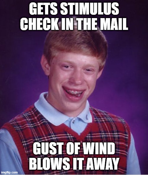 No $$$ For You Brian | GETS STIMULUS CHECK IN THE MAIL; GUST OF WIND BLOWS IT AWAY | image tagged in memes,bad luck brian | made w/ Imgflip meme maker