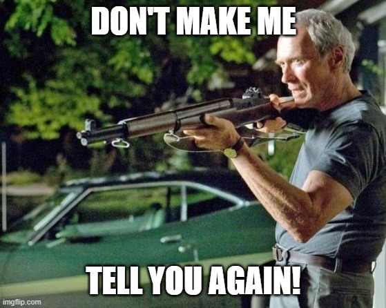 Clint Eastwood Lawn | DON'T MAKE ME TELL YOU AGAIN! | image tagged in clint eastwood lawn | made w/ Imgflip meme maker