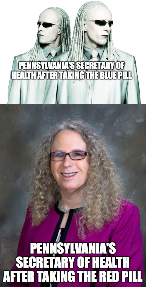 PENNSYLVANIA'S SECRETARY OF HEALTH AFTER TAKING THE BLUE PILL; PENNSYLVANIA'S SECRETARY OF HEALTH AFTER TAKING THE RED PILL | image tagged in twins matrix | made w/ Imgflip meme maker