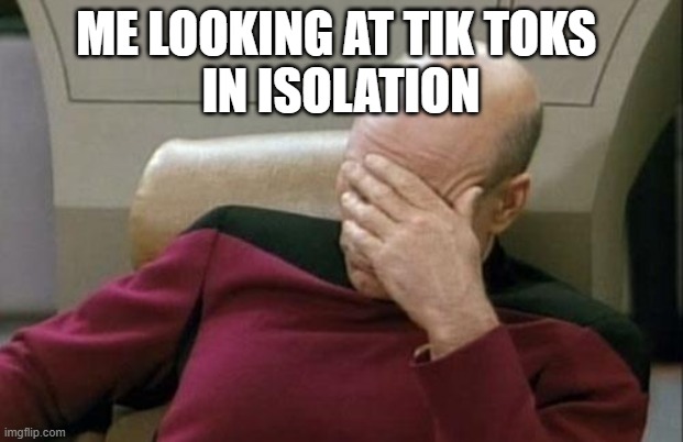 Captain Picard Facepalm | ME LOOKING AT TIK TOKS 
IN ISOLATION | image tagged in memes,captain picard facepalm | made w/ Imgflip meme maker