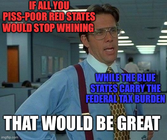 Why do you cry about people getting welfare when your states are getting welfare? | IF ALL YOU PISS-POOR RED STATES WOULD STOP WHINING; WHILE THE BLUE STATES CARRY THE FEDERAL TAX BURDEN; THAT WOULD BE GREAT | image tagged in memes,that would be great,red state,blue state,democrats,republicans | made w/ Imgflip meme maker