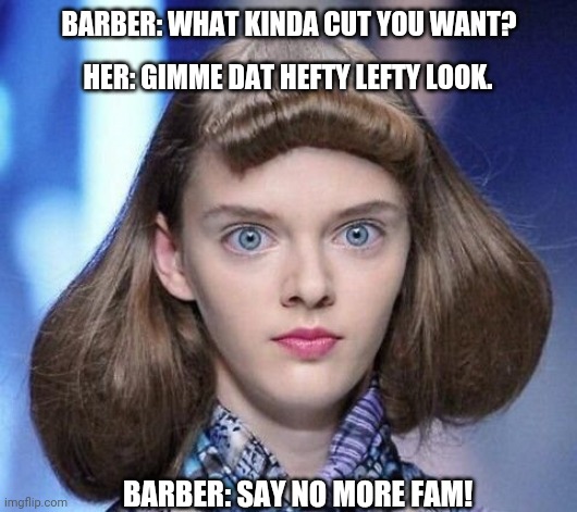 How she kno bout hefty lefty? | BARBER: WHAT KINDA CUT YOU WANT? HER: GIMME DAT HEFTY LEFTY LOOK. BARBER: SAY NO MORE FAM! | image tagged in hair,funny,haircut,memes,lol,toilet humor | made w/ Imgflip meme maker