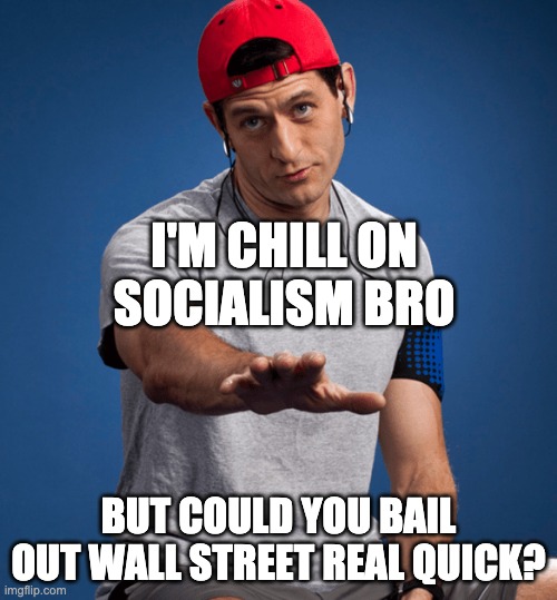 Paul Ryan Chill on Socialism | I'M CHILL ON SOCIALISM BRO; BUT COULD YOU BAIL OUT WALL STREET REAL QUICK? | image tagged in paul ryan,republicans,democratic socialism,communist,capitalism,wall street | made w/ Imgflip meme maker