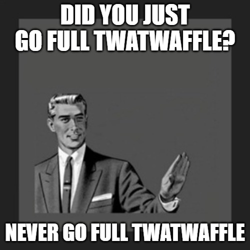 Kill Yourself Guy | DID YOU JUST GO FULL TWATWAFFLE? NEVER GO FULL TWATWAFFLE | image tagged in memes,kill yourself guy | made w/ Imgflip meme maker