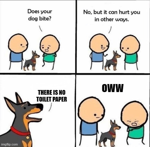 does your dog bite | OWW; THERE IS NO TOILET PAPER | image tagged in does your dog bite | made w/ Imgflip meme maker