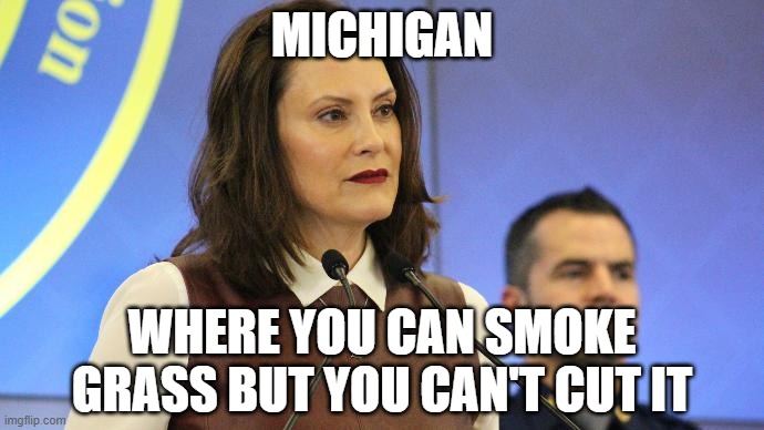 Gretchen Whitmer Michigan governor | MICHIGAN; WHERE YOU CAN SMOKE GRASS BUT YOU CAN'T CUT IT | image tagged in gretchen whitmer michigan governor | made w/ Imgflip meme maker