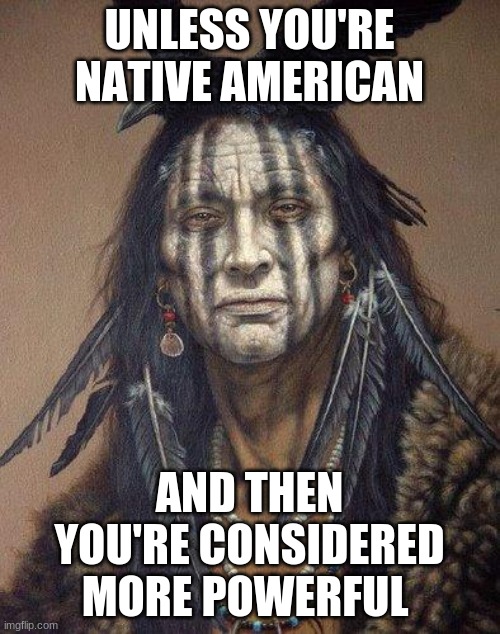 Native American | UNLESS YOU'RE NATIVE AMERICAN AND THEN YOU'RE CONSIDERED MORE POWERFUL | image tagged in native american | made w/ Imgflip meme maker