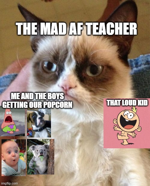 Grumpy Cat | THE MAD AF TEACHER; ME AND THE BOYS GETTING OUR POPCORN; THAT LOUD KID | image tagged in memes,grumpy cat | made w/ Imgflip meme maker