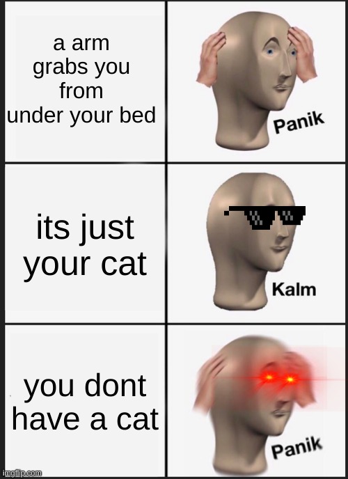 Panik Kalm Panik Meme | a arm grabs you from under your bed; its just your cat; you dont have a cat | image tagged in memes,panik kalm panik | made w/ Imgflip meme maker